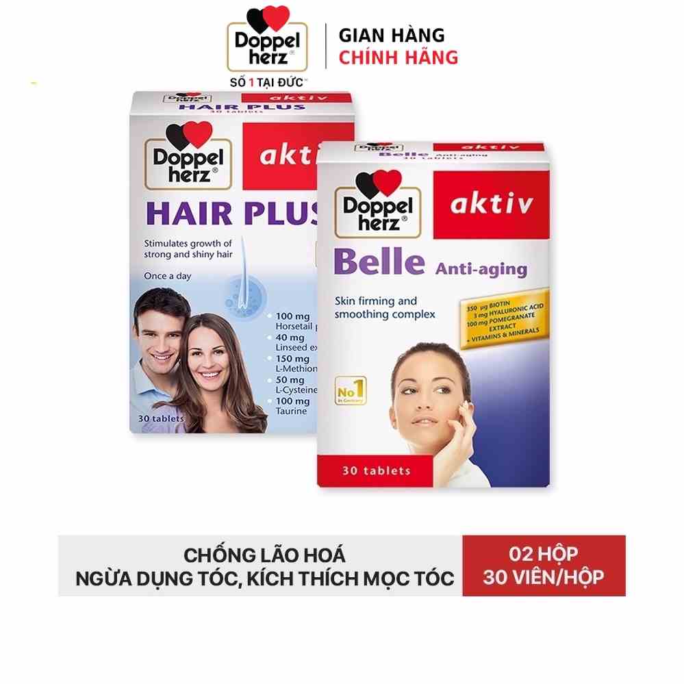 Bộ đôi chống lão hóa, ngăn ngừa rụng tóc, hỗ trợ mọc tóc Doppelherz Belle Anti Aging và Hair Plus (02 hộp, 30 viên/hộp)