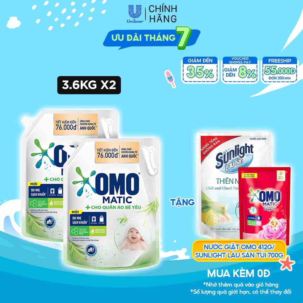 Combo 2 Túi Nước Giặt Omo Matic Baby Cho Quần Áo Bé Yêu 3.6kg/túi