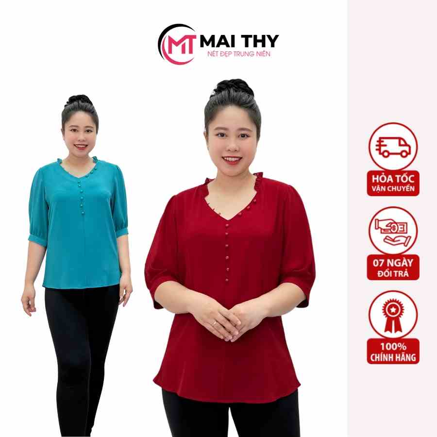 Áo Trung Niên MAI THY MT111, Kiểu Sơ Mi Nữ Bigsize Cổ Bèo Tay Lỡ Phối Nút Lịch Sự Trang Nhã | Thời Trang Trung Niên U40