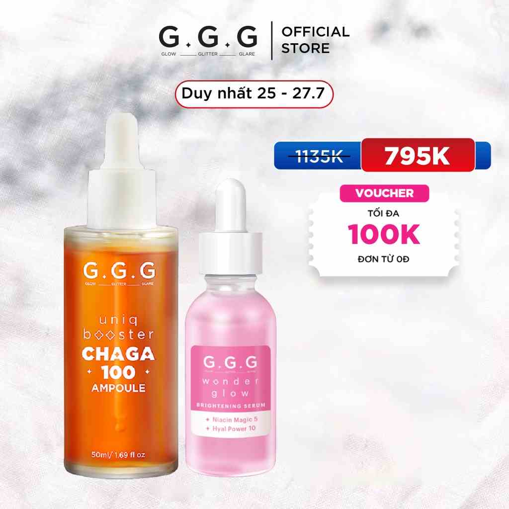 Combo Tinh Chất Phục Hồi Làm Dịu & Sáng Da GGG Uniq Booster Chaga 100 Ampoule & Brightening Serum 50ml & 30ml