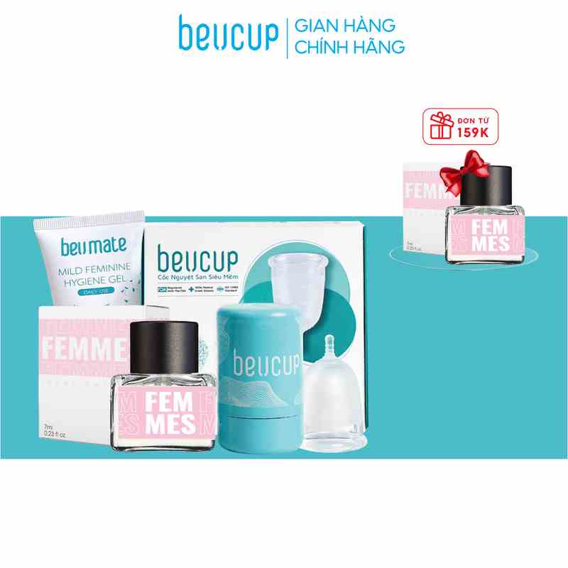 Combo 1 cốc nguyệt san BeUcup silicol y tế siêu mềm chuẩn FDA Hoa Kỳ + 1 Nước hoa vùng kín Inner Perfume FEMMES