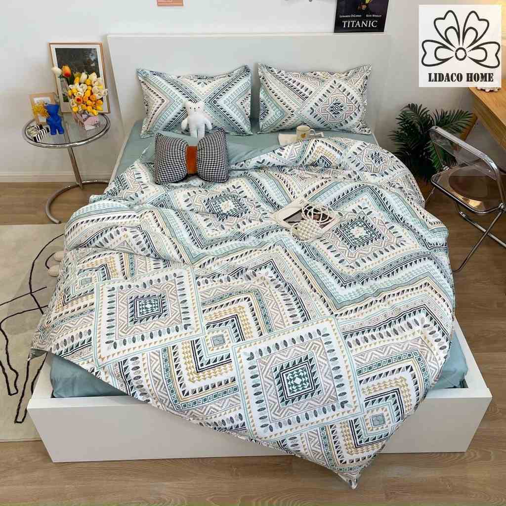 Bộ chăn ga gối cotton poly 2 mặt Lidaco decor phòng ngủ vintage - kẻ ô thổ cẩm ( SP001461)