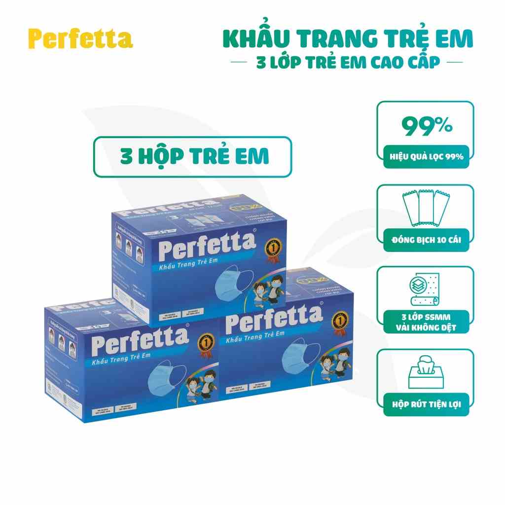 [Mã BMLTB35 giảm đến 35K đơn 99K] Combo 3 hộp khẩu trang 3 lớp Perfetta Trẻ Em Trắng/Xanh (35 Cái/Hộp)