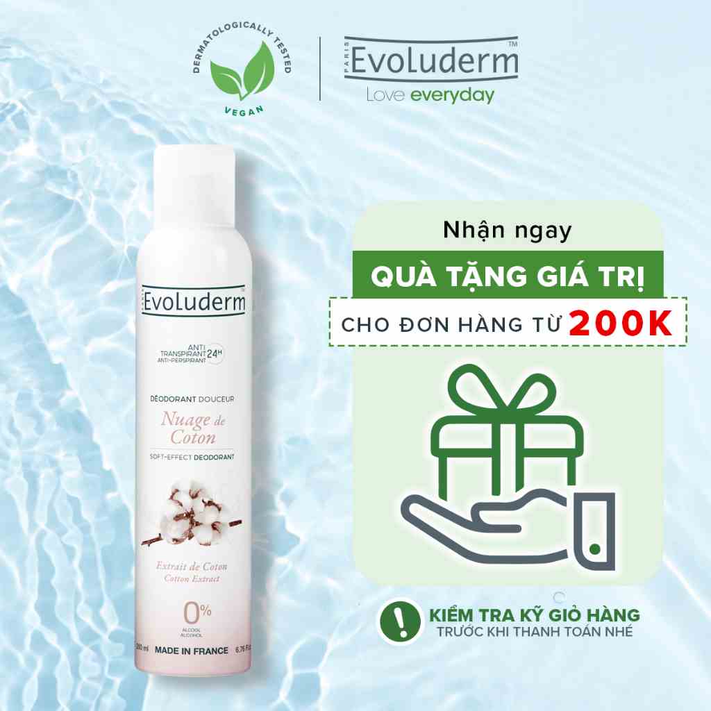 Xịt khử mùi toàn thân Evoluderm hương hoa Coton ngăn khuẩn gây mùi suốt 24h - 200ml (15257)