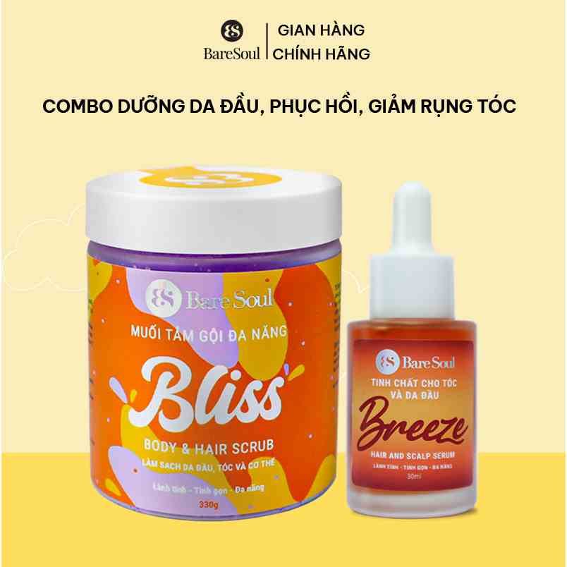 Combo dưỡng da đầu, phục hồi, giảm rụng tóc BareSoul BREEZE Hair & Scalp Serum 30ml và BLISS Body & Hair Scrub 330g