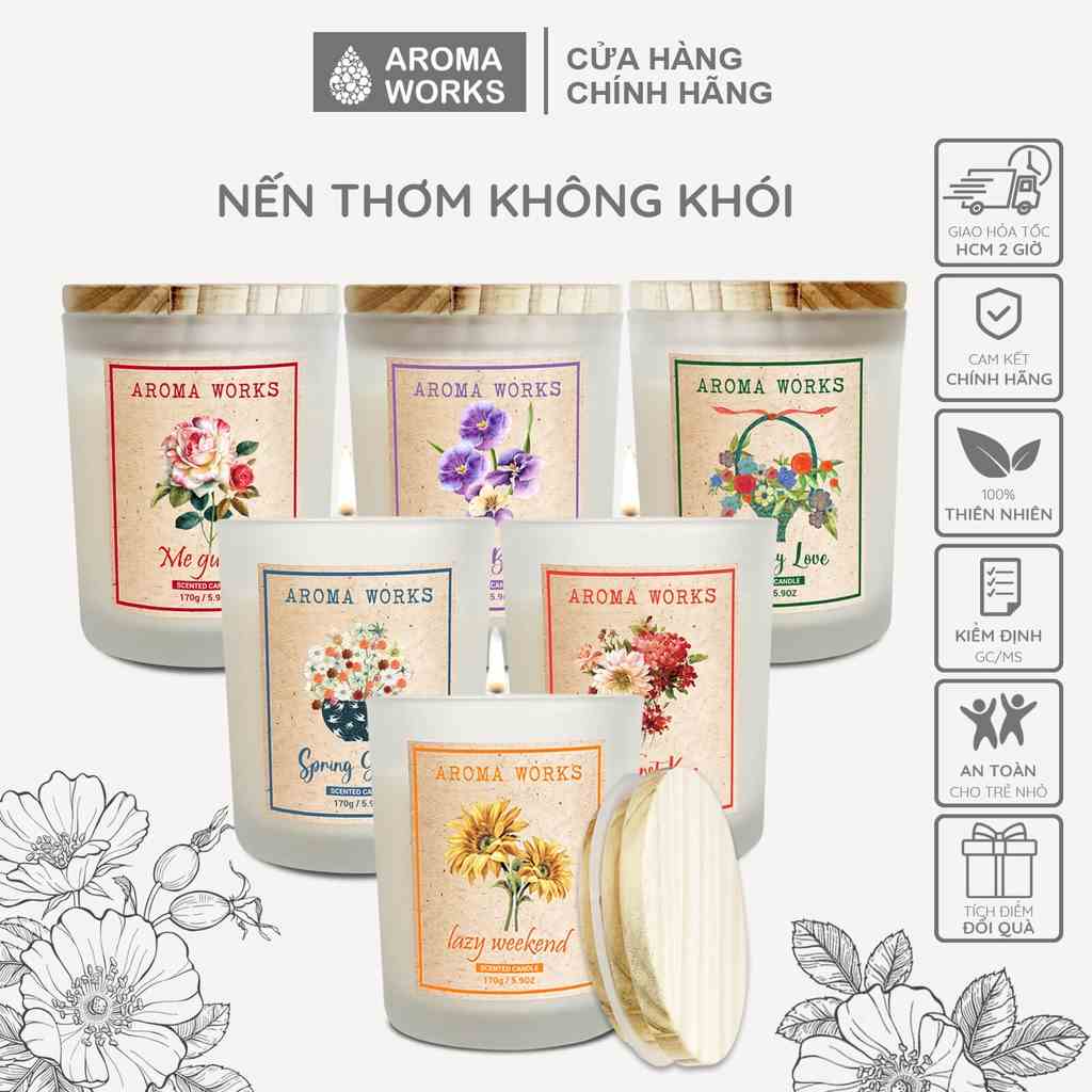 [Mã BMLTA35 giảm đến 35K đơn 99K] Nến Thơm Phòng Aroma Works Tinh Dầu Thiên Nhiên Không Khói 170g