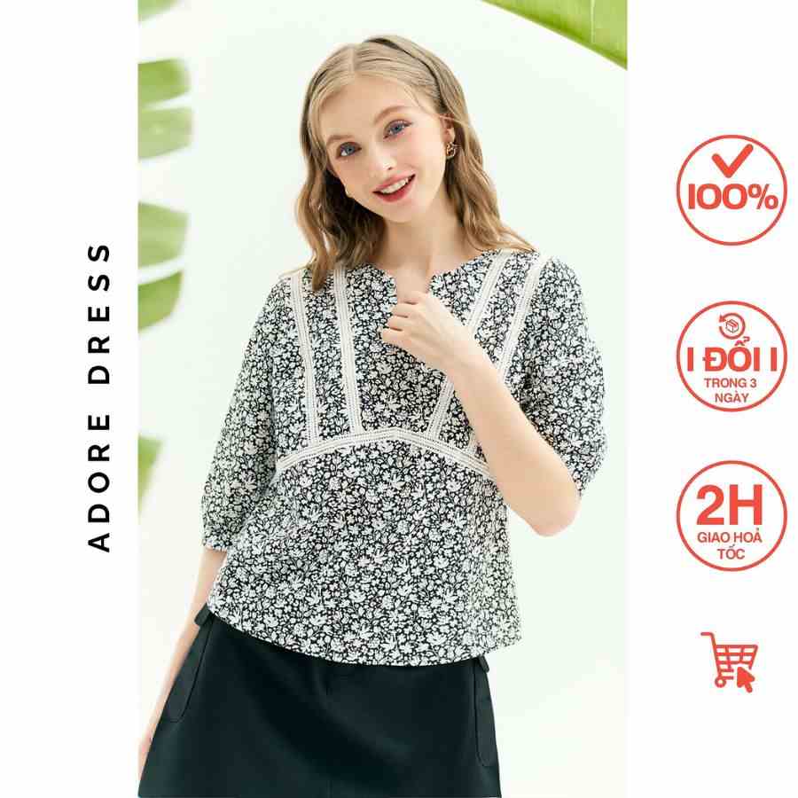 Áo sơ mi Tops tunic style thô lụa hoa nhí đen trắng phối ren 311TO1031 ADORE DRESS