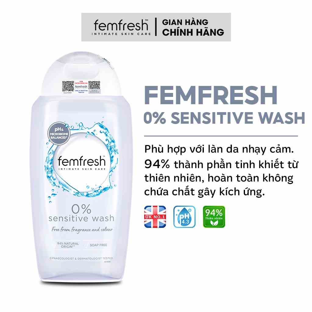 Dung dịch vệ sinh phụ nữ cao cấp cho da nhạy cảm Femfresh 0% Sensitive Intimate Wash 250ml