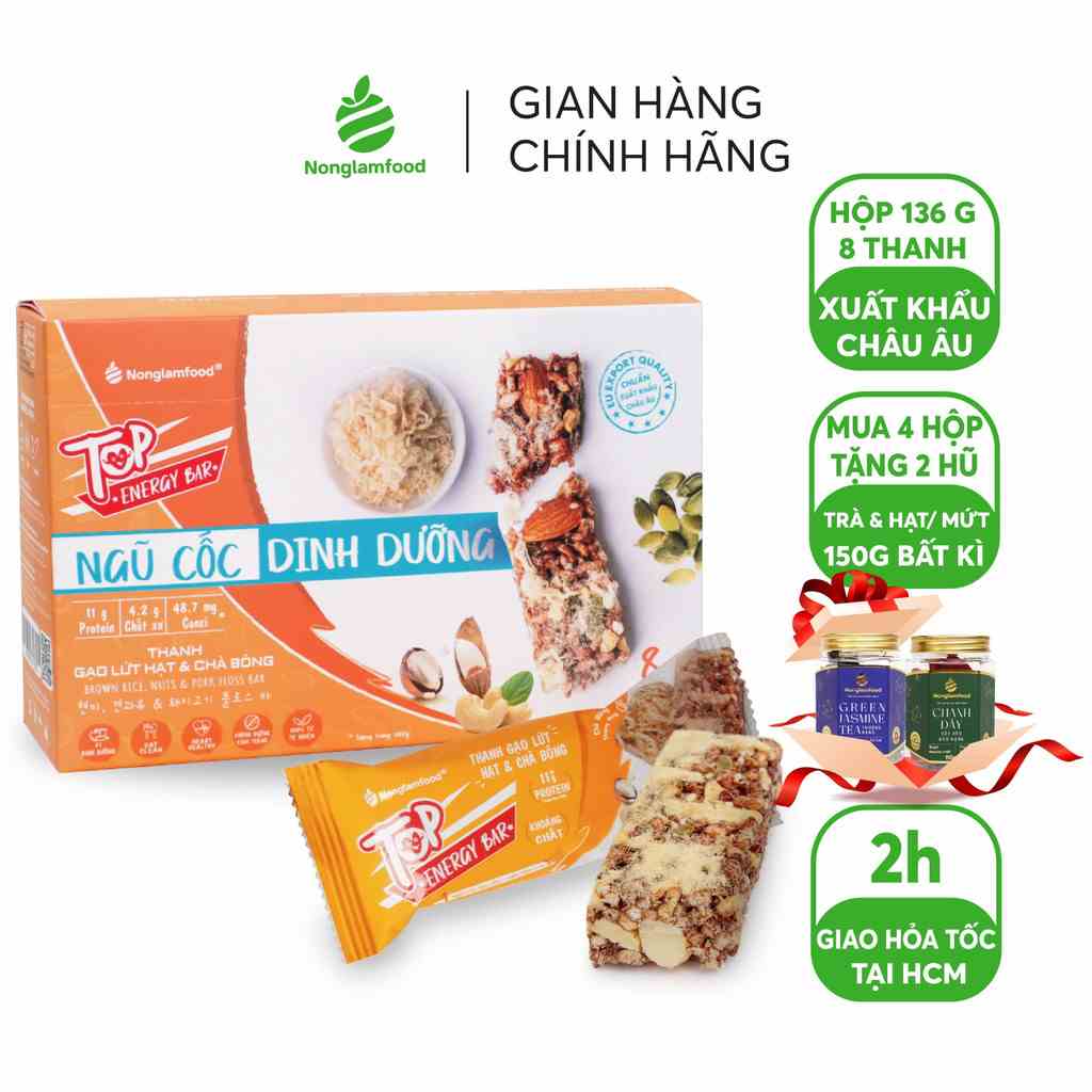 [MUA 4 TẶNG 2] Thanh gạo lứt Ngũ cốc Hạt và Chà Bông Nonglamfood hộp 8 thanh 136g - Hỗ trợ ăn kiêng giảm cân - Đồ ăn vặt