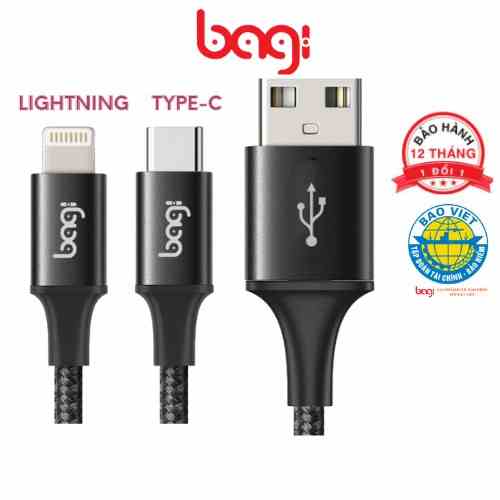 Cáp sạc nhanh dây trơn-dù BAGI  Lightning cho iphone, Type-C, Micro cho Androi. Bảo hành chính hãng 12 tháng 1 ĐỔI 1