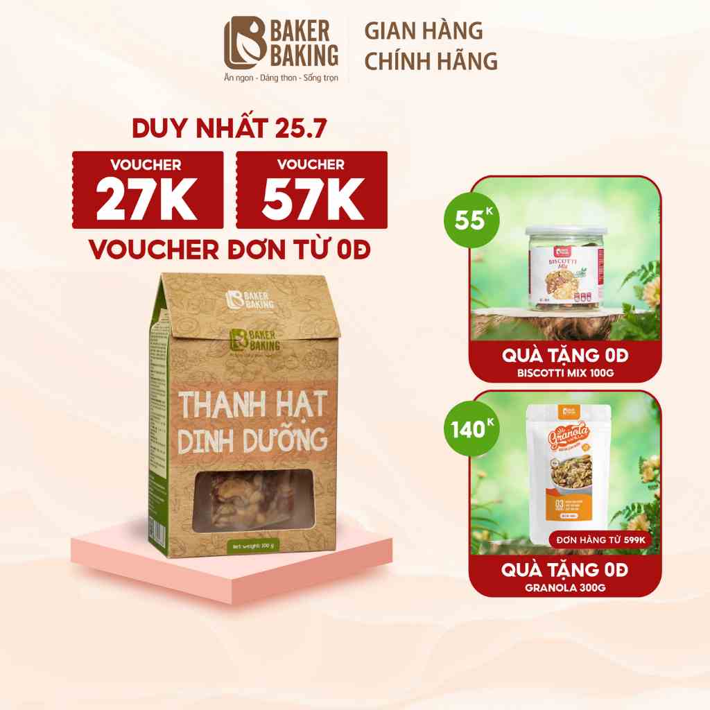 Bánh thanh hạt dinh dưỡng Baker Baking không đường, không chất bảo quản, tiện lợi hỗ trợ tập luyện, tăng cơ 100g