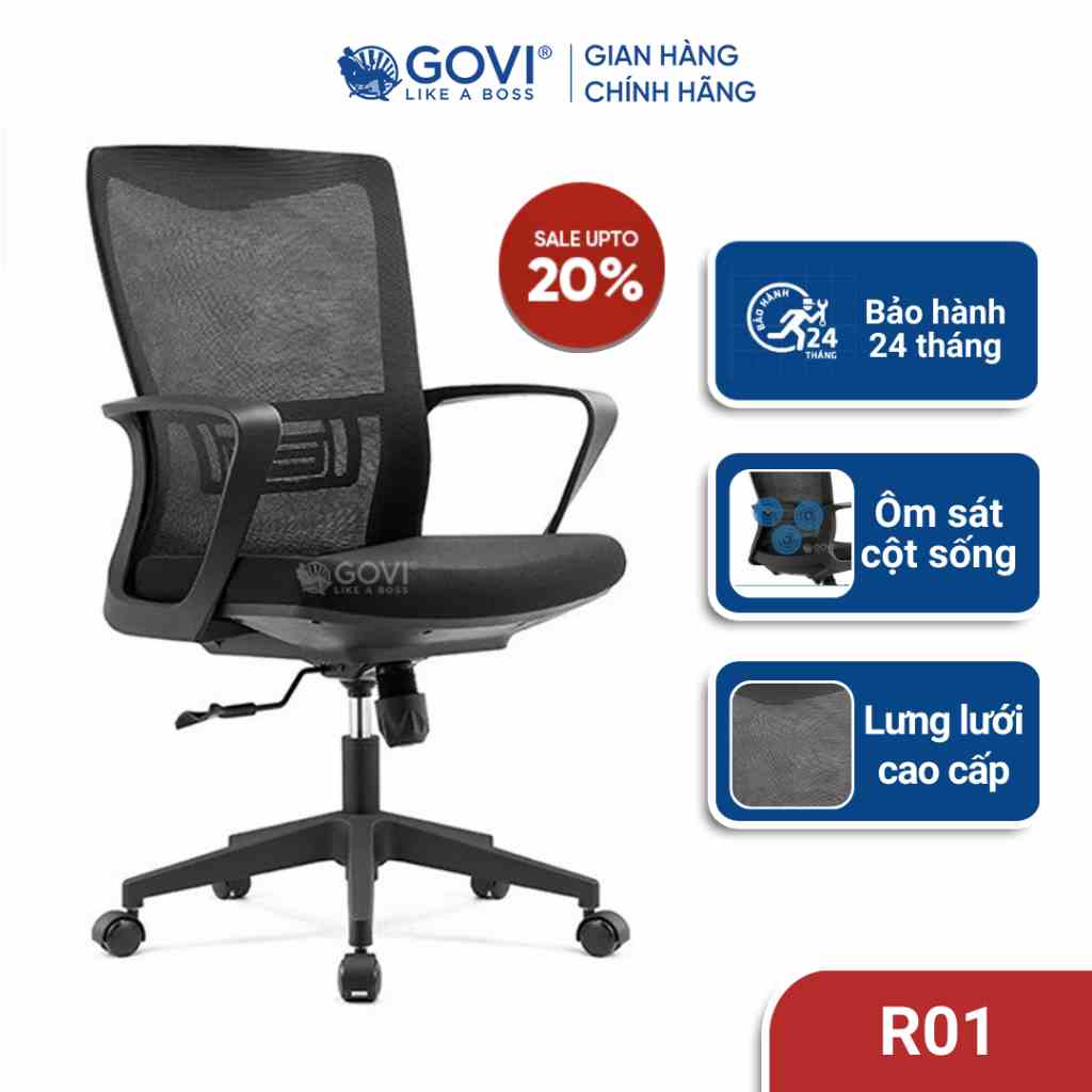 Ghế xoay văn phòng cao cấp GOVI Ryan R01 đầm chắc, ngả lưng và xoay 360 độ