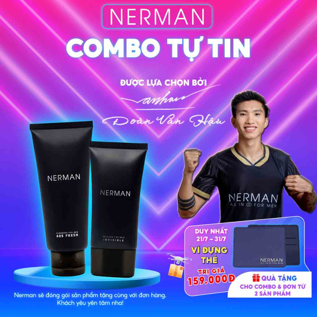 Combo tự tin Nerman - Gel rửa mặt 100ml - Kem che khuyết điểm, chống nắng Invisible 50G