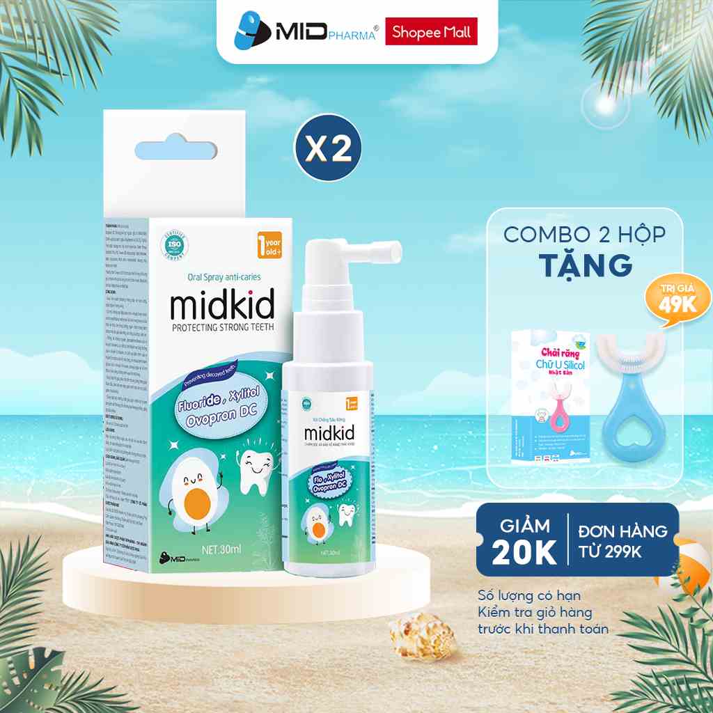 Combo 2 hộp Xịt chống sâu răng Midkid tặng bàn chải chữ U giúp bảo vệ men răng làm trắng răng, ngăn ngừa mảng bám ố vàng