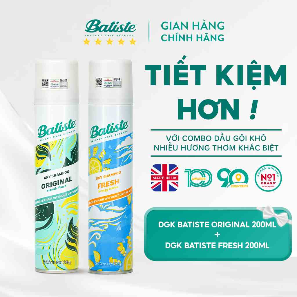 Combo 2 Chai Dầu Gội Khô Batiste 200ML Giúp Tóc Hết Bết Dính Tươi Mát Tức Thì (Original&Fresh 200ml)