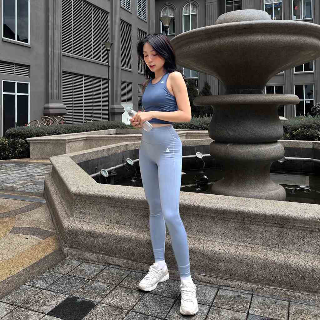 Set đồ tập gym nữ Fitme áo Meta Navy, quần legging dài Xám Xanh form body cạp cao co giãn thấm hút tốt