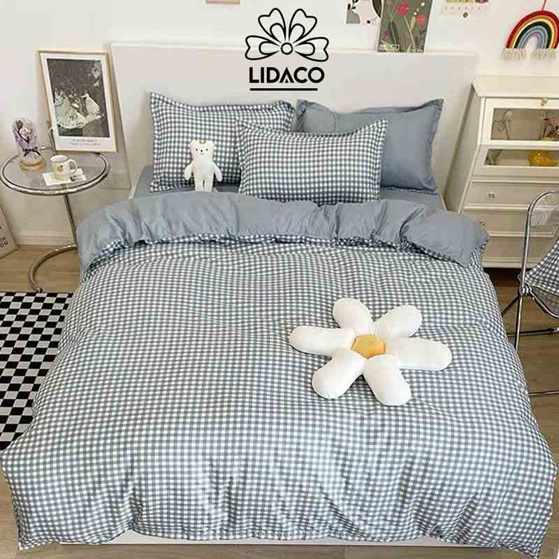 Bộ chăn ga gối cotton poly Lidaco decor phòng ngủ vintage - Kẻ ô xanh dương (SP001454)