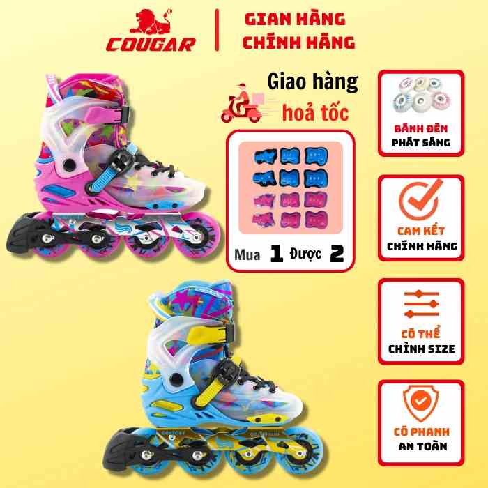 Giày Patin Trẻ Em Cougar-Centosy Kid Pro Cao Cấp, Có Bánh Đèn Phát Sáng, Có Bộ Phận Khóa Bánh Dành Cho Bé Mới Tập Chơi