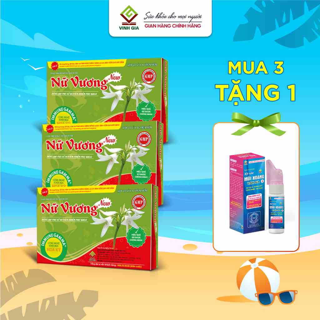 [Combo 3 Tặng 1 Xịt Rửa Mũi] Nữ Vương New Vinh Gia Hỗ Trợ Cân Bằng PH Vùng Kín, Giảm Khí Hư, Ngứa Vùng Kín Hộp 30 Viên