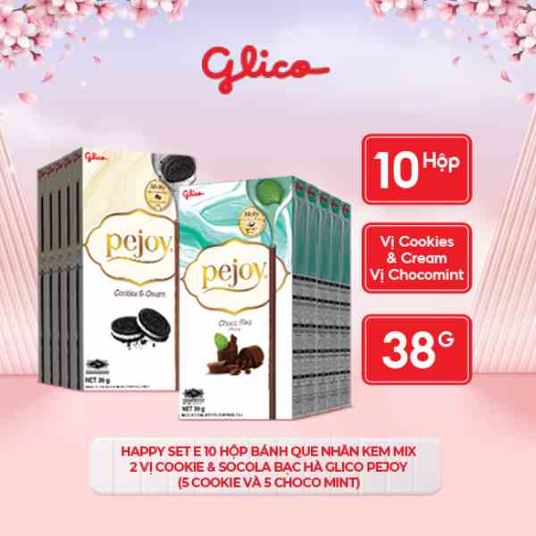 Happy Set E 10 hộp  Bánh que nhân kem mix 2 vị cookie & socola bạc hà GLICO Pejoy (5 cookie và 5 Choco Mint)