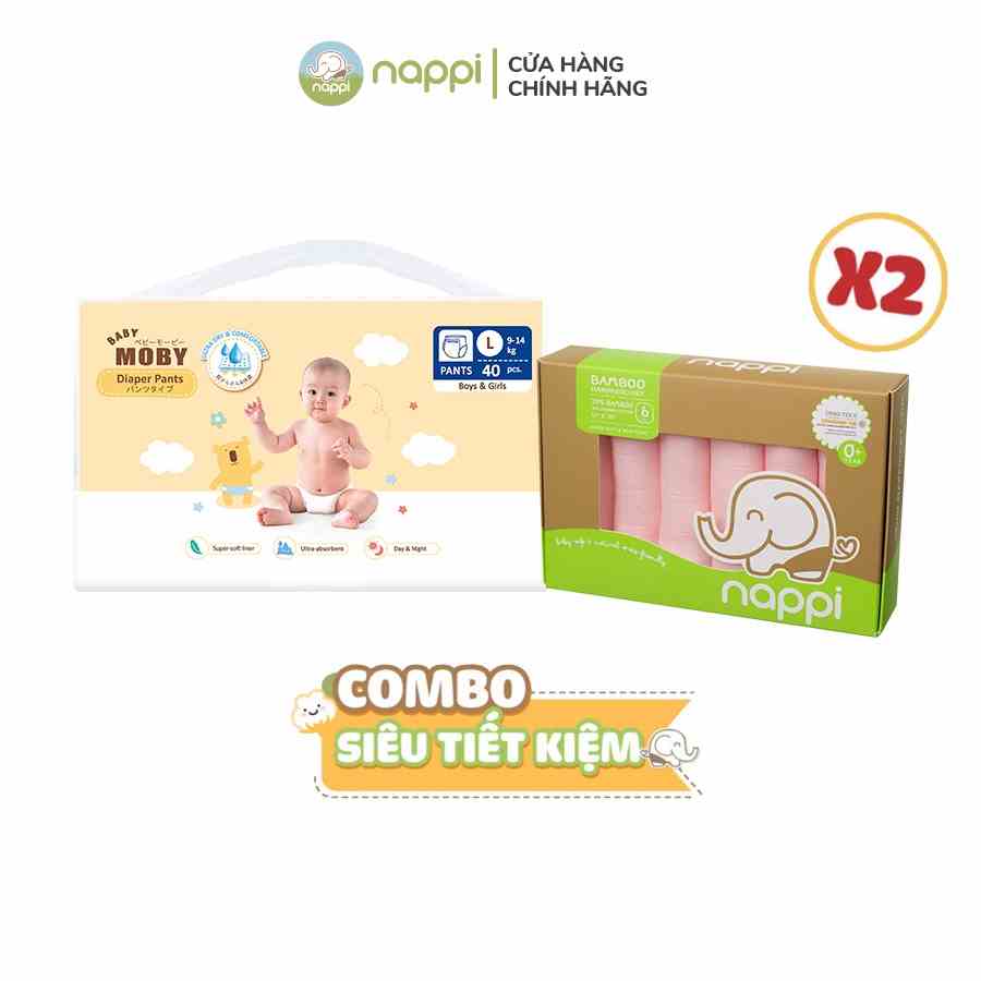 Combo 2 hộp khăn sữa Nappi (6 chiếc/hộp) và 1 bỉm Moby