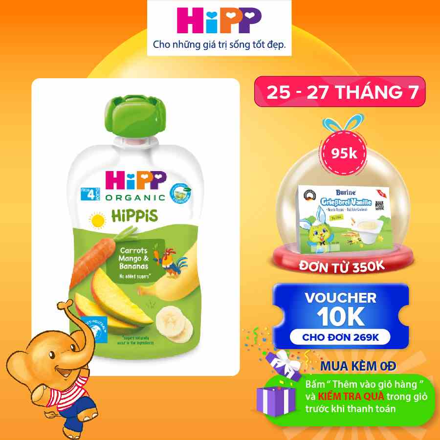 Thức ăn dặm Dinh dưỡng 100% trái cây nghiền hữu cơ HiPPiS Organic (Cà rốt, xoài và chuối) 100g