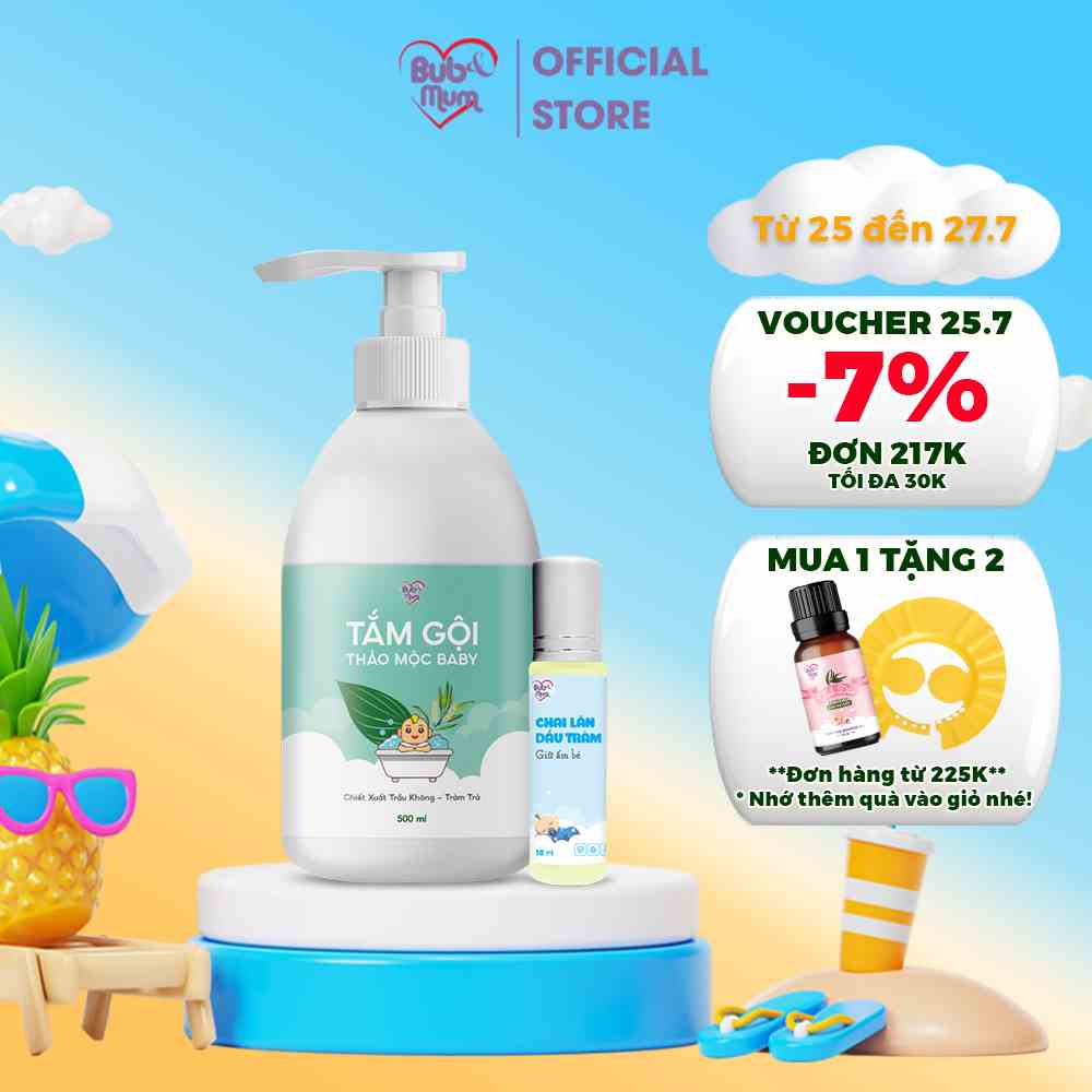 Combo Sữa Tắm Gội Cho Bé BuB&MuM Chiết Xuất Thảo Dược Trầu Không - Tràm Trà 500ml Và Chai Lăn Tinh Dầu Tràm Gió 10ml