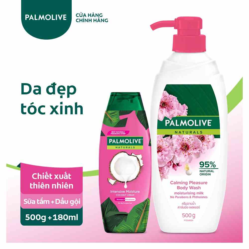 Sữa tắm Palmolive 100% chiết xuất từ hoa anh đào 500g và Dầu gội Palmolive có dầu xả sữa dừa 180ml