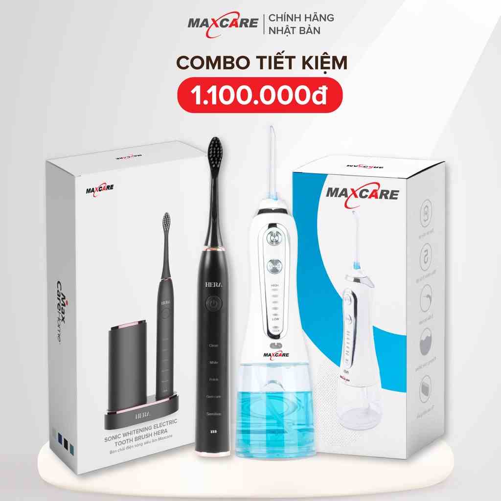 [COMBO GIẢM 1.100K] Máy tăm nước cầm tay Maxcare Max456S + Bàn chải điện sóng siêu âm Maxcare Hera Whitening