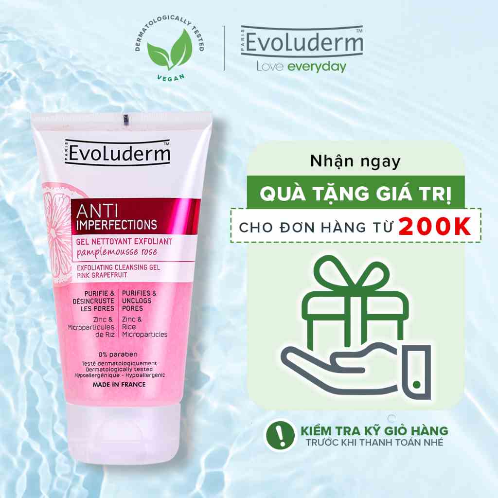 Gel tẩy tế bào chết và rửa mặt Evoluderm giúp che khuyết điểm, ngừa mụn đầu đen dành cho da dầu mụn 150ml