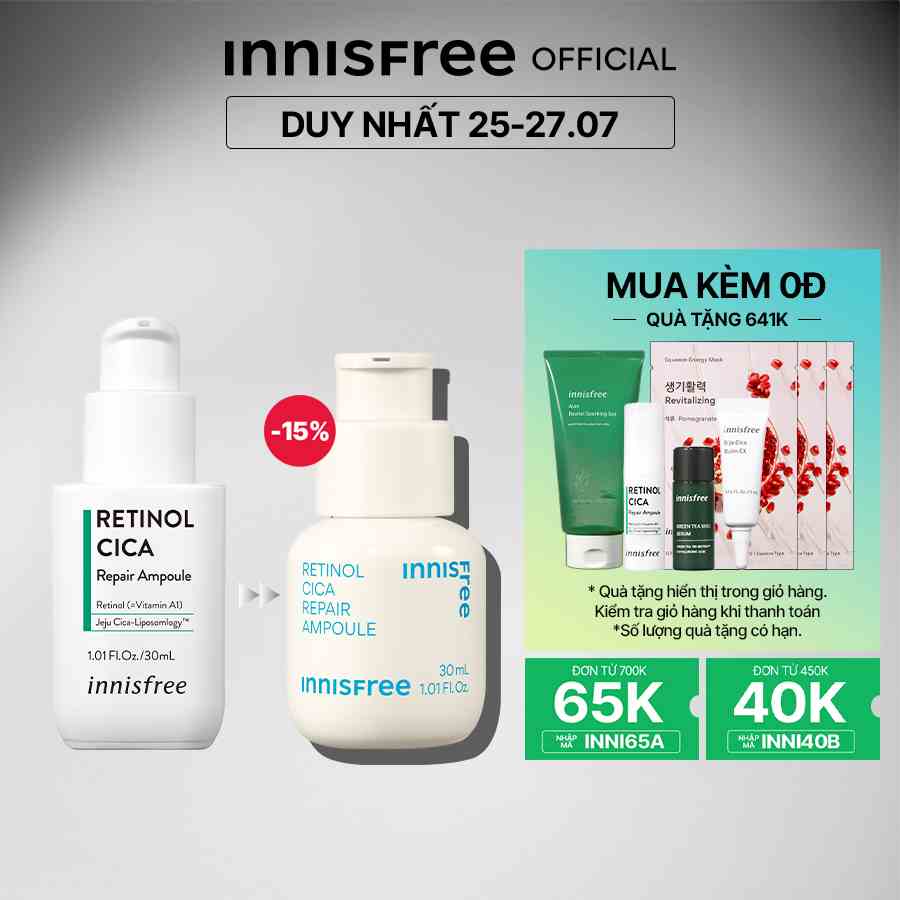 [Mã COSINNIJ - 8% đơn 250K] Tinh chất dưỡng phục hồi da innisfree Retinol Cica Repair Ampoule 30 mL (New2023)