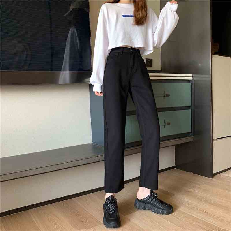 Quần dài jean CERA-Y bigsize baggy dài 95cm cạp cao qua rốn chất vải cotton màu đen trơn / màu đen rách 1 gối QJ001