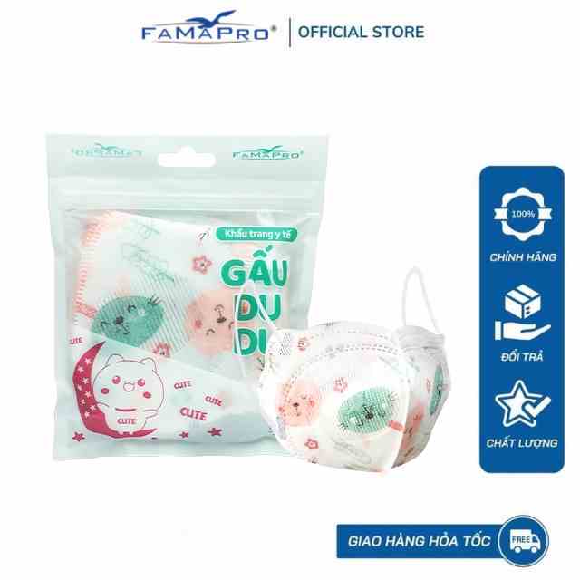 [FAMAPRO KIDS GẤU DUDU -TÚI 10 CÁI] Khẩu trang y tế cao cấp trẻ em kháng khuẩn 3 lớp Famapro Kids Gấu DuDu