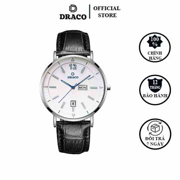 Đồng hồ nam Draco D21-ST01” The First boy” TRẮNG DÂY DA ĐEN - thời trang nam