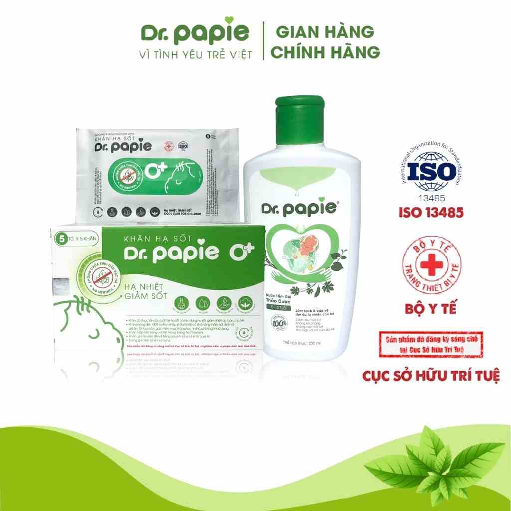 Combo 1 Chai Nước Tắm Thảo Dược Dr Papie 230ml và 1 Hộp Khăn Lau Hạ Sốt Dr Papie 25 Chiếc