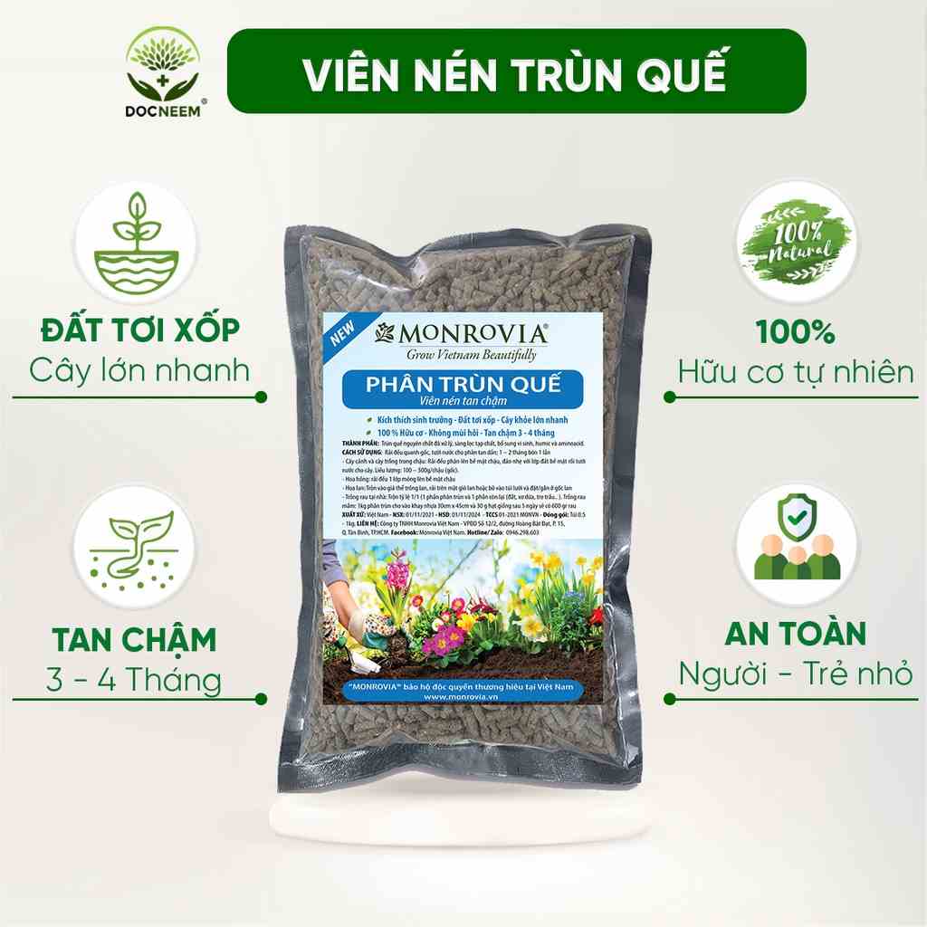 Phân trùn quế nguyên chất MONROVIA, tan chậm hữu cơ bón cho hoa hồng, lan, cây cảnh, rau củ quả