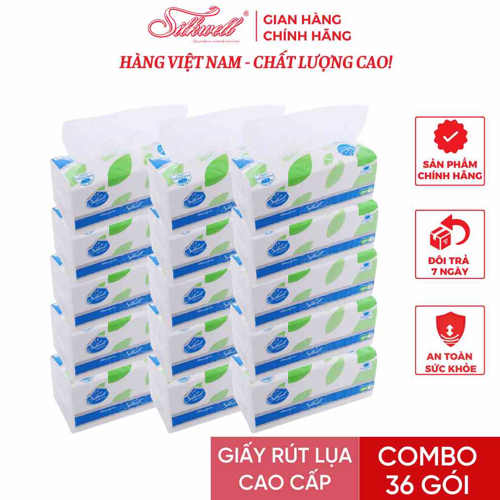 Combo sốc 36 gói Giấy ăn Silkwell 250 tờ khổ 200 siêu mềm mịn không tẩy trắng hàng chính hãng