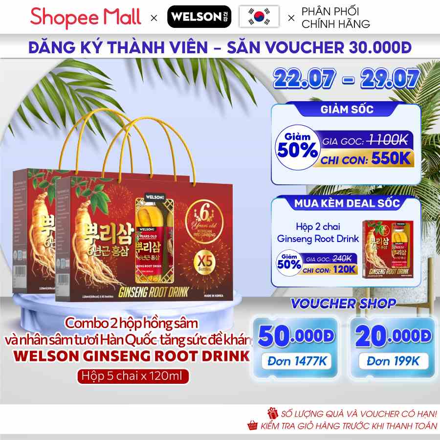 Combo 2 hộp Nước uống Nhân Sâm Nguyên Củ Welson Ginseng Root Drink 2 hộp x 5 chai 120ml