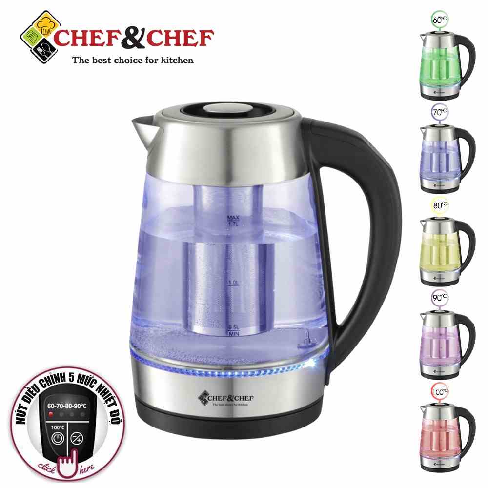 [Mã BMLTB35 giảm đến 35K đơn 99K] Ấm siêu tốc bình siêu tốc thủy tinh CHEF&CHEF CH1703D điều khiển nhiệt độ đun.