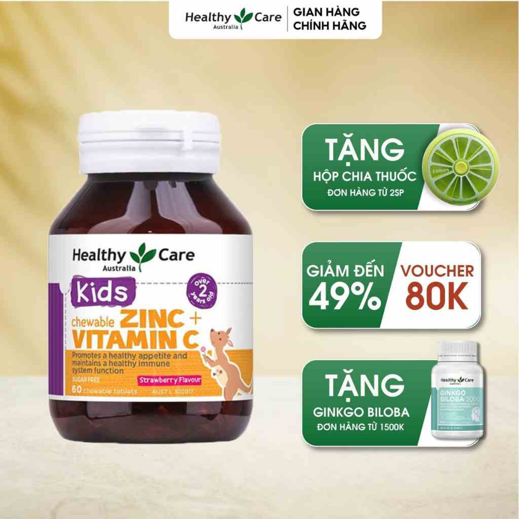 Bio Zinc & Vitamin C Healthy Care Viên Nhai Bổ Sung Kẽm Tăng Đề Kháng Phát Triển Toàn Diện (60 viên vị dâu)