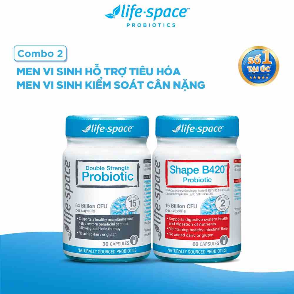 Combo Men vi sinh Life Space Shape B420 60 viên và Double Strength Probiotic 30 viên