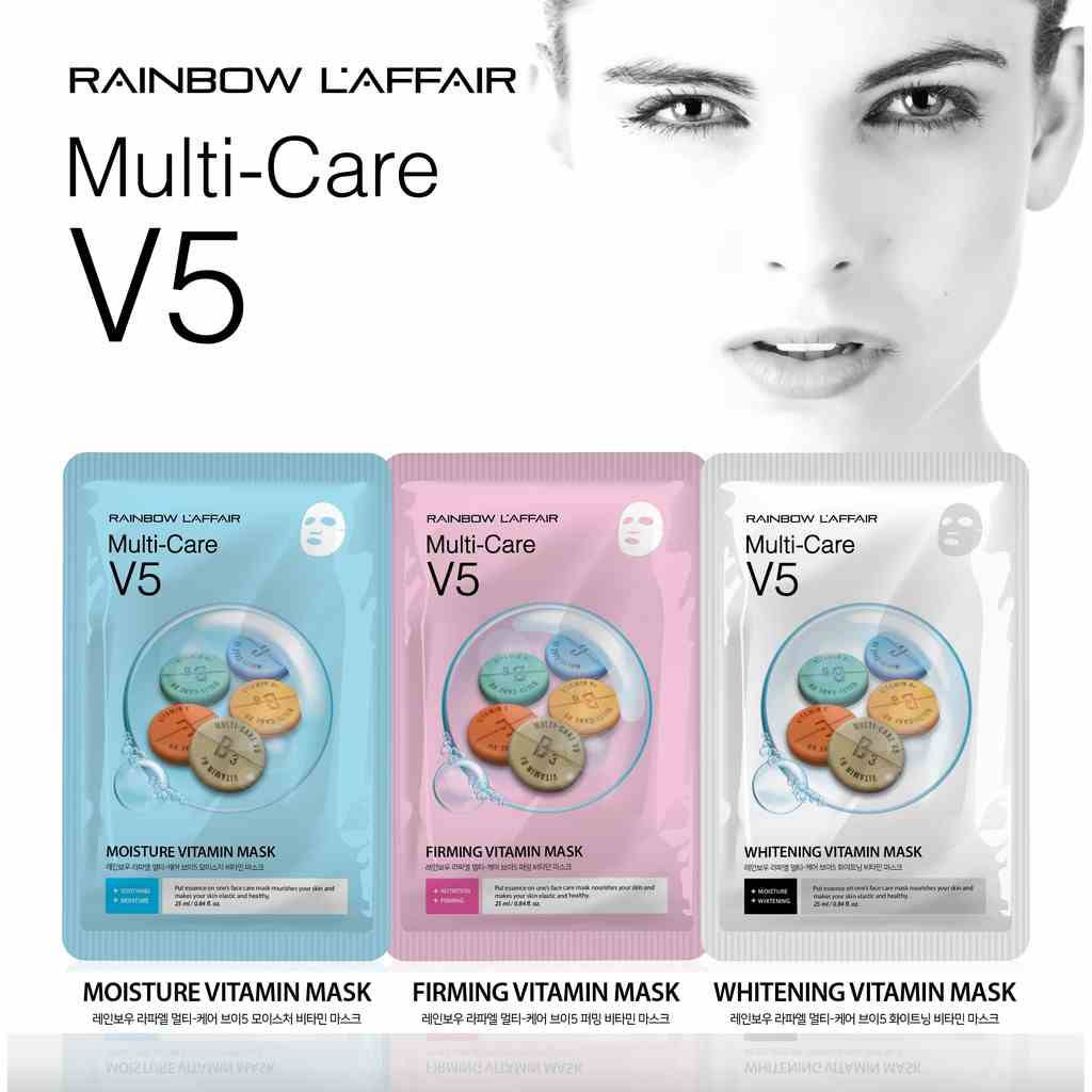 Mặt nạ Rainbow Laffair Multicare V5 Vitamin dưỡng trắng, cấp ẩm, săn chắc da (7 miếng x 25ml)