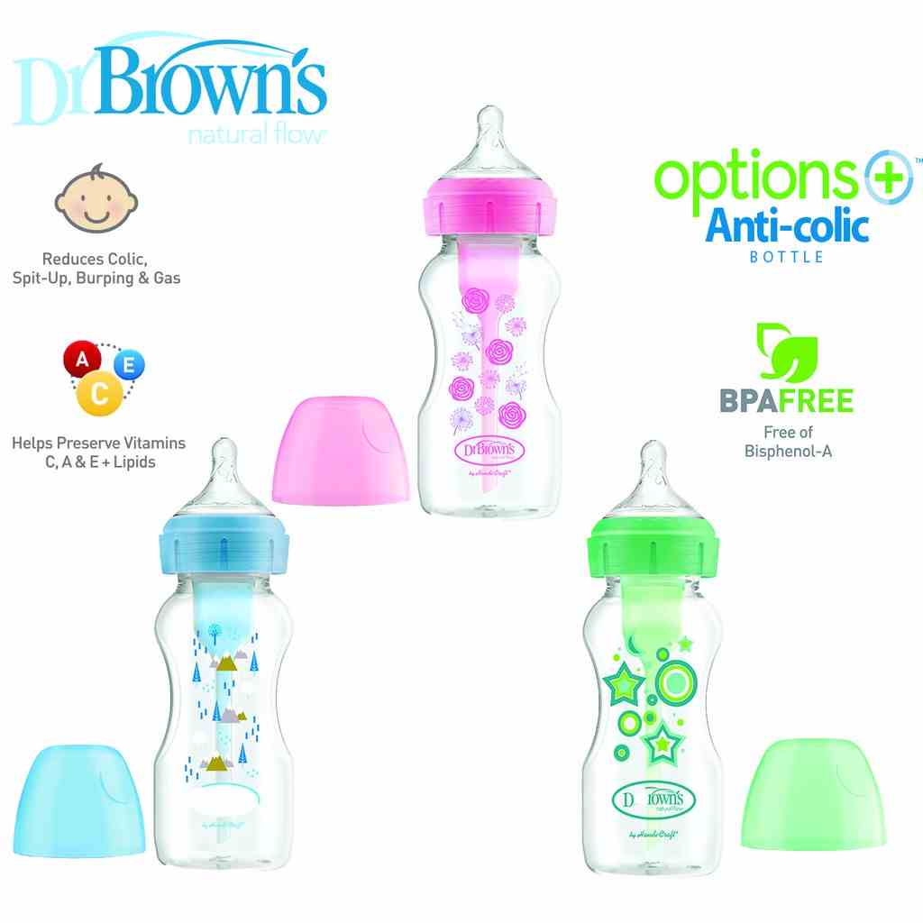 Bình sữa cổ rộng Dr.Browns Deco 270ml(đổi núm ty) nhựa PP Option Plus phiên bản mới nhất