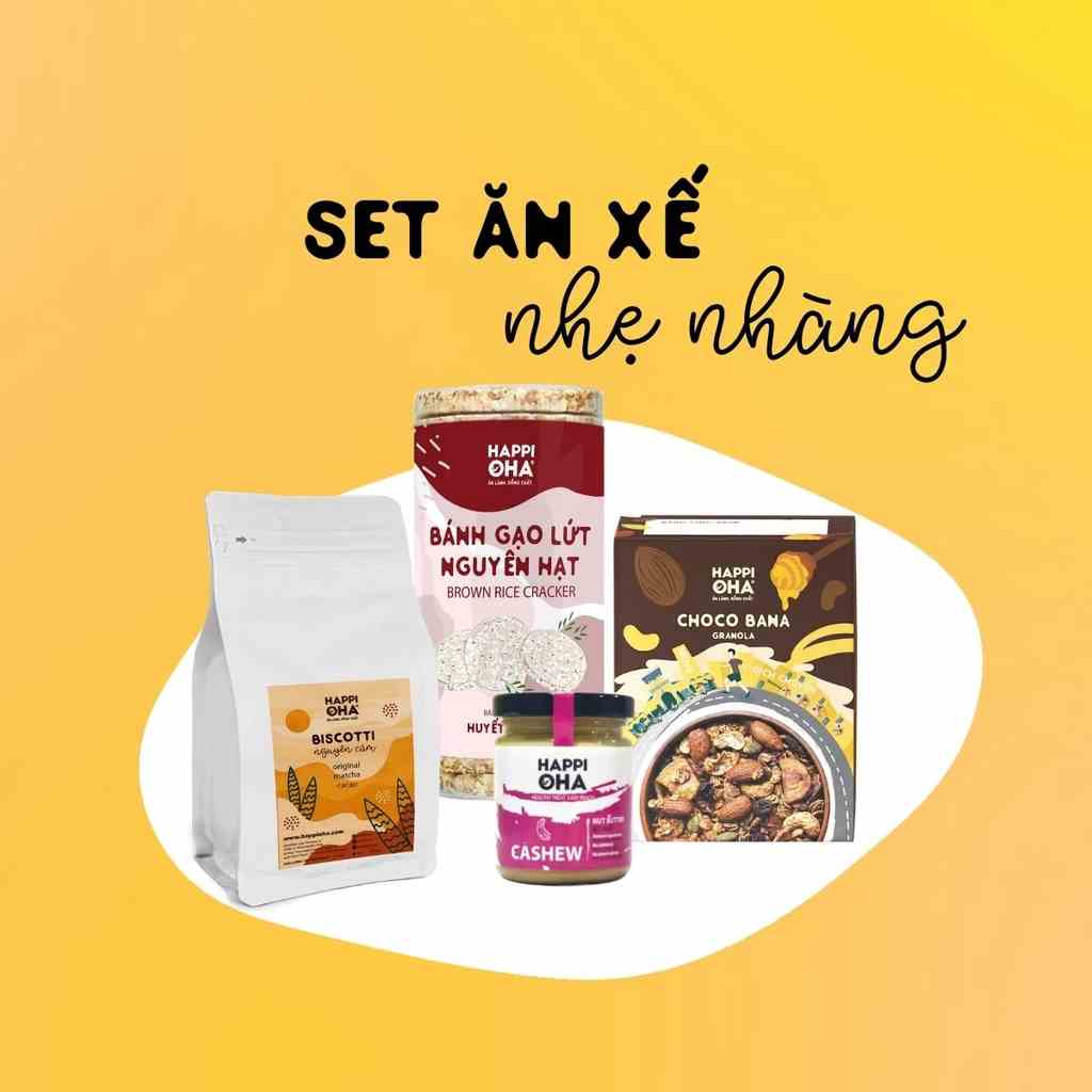 Set ăn xế nhẹ nhàng HAPPI OHA gồm 4 sản phẩm granola, bánh gạo, bơ hạt, biscotti