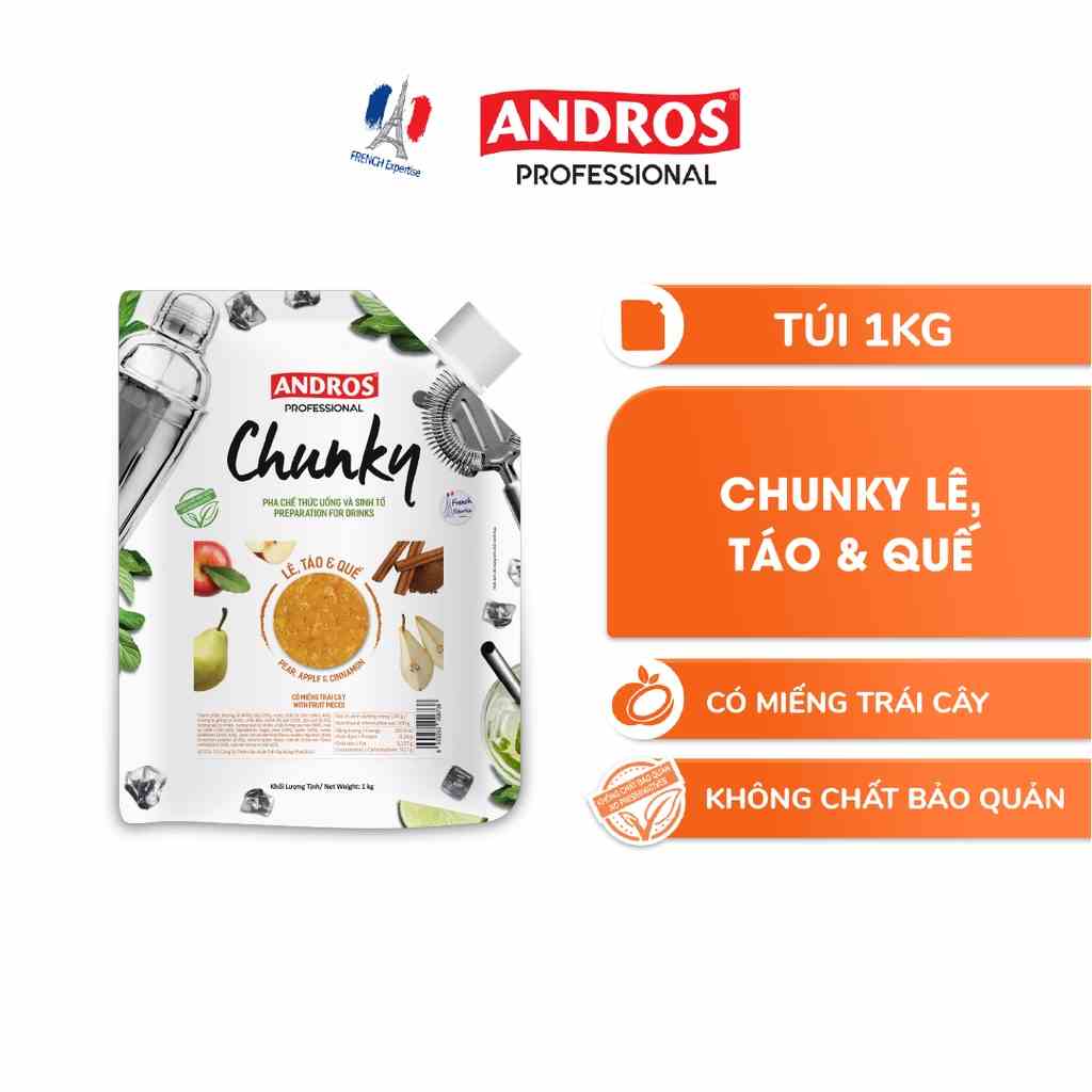 Mứt Trái Cây Pha Chế Lê, Táo & Quế - Có miếng trái cây thật - ANDROS CHUNKY - 1kg