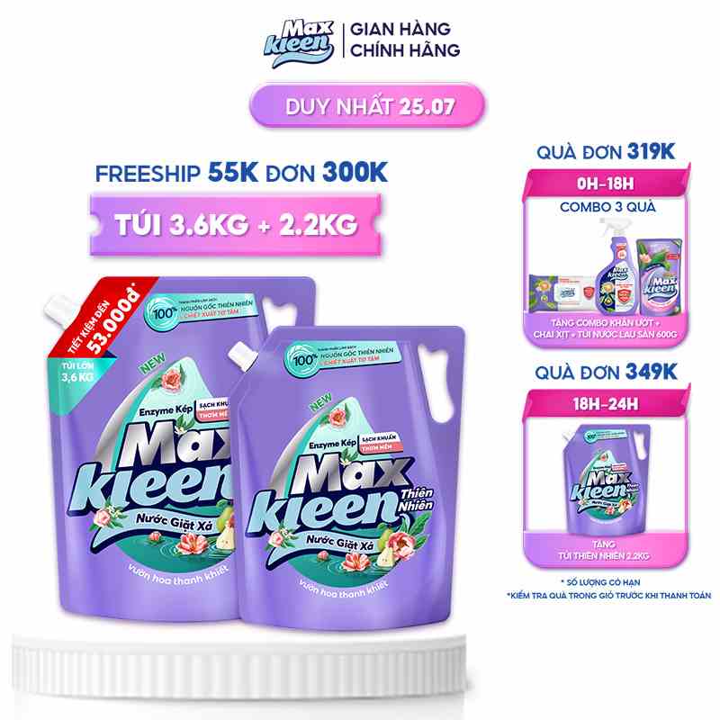 Combo 2 Túi Nước Giặt Xả MaxKleen Thiên nhiên 3.6kg + 2.2kg