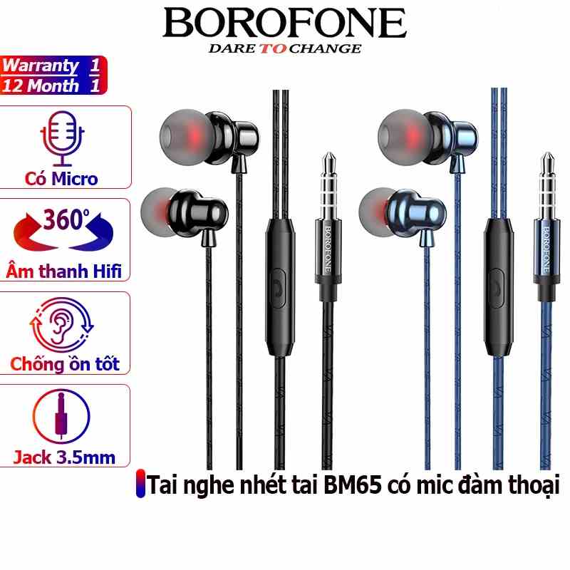 Tai nghe nhét tai BOROFONE BM65 chống ồn, nghe hay có mic đàm thoại, dây dài 1.2m - Chính hãng