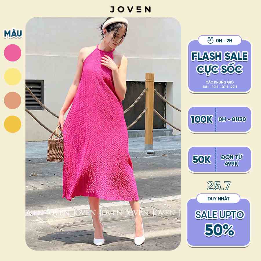 Đầm maxi cổ yếm đan sang chảnh chất thun xốp cao cấp JOVEN, thiết kế suông dáng dài tiểu thư, đi biển đi cafe dạo phố