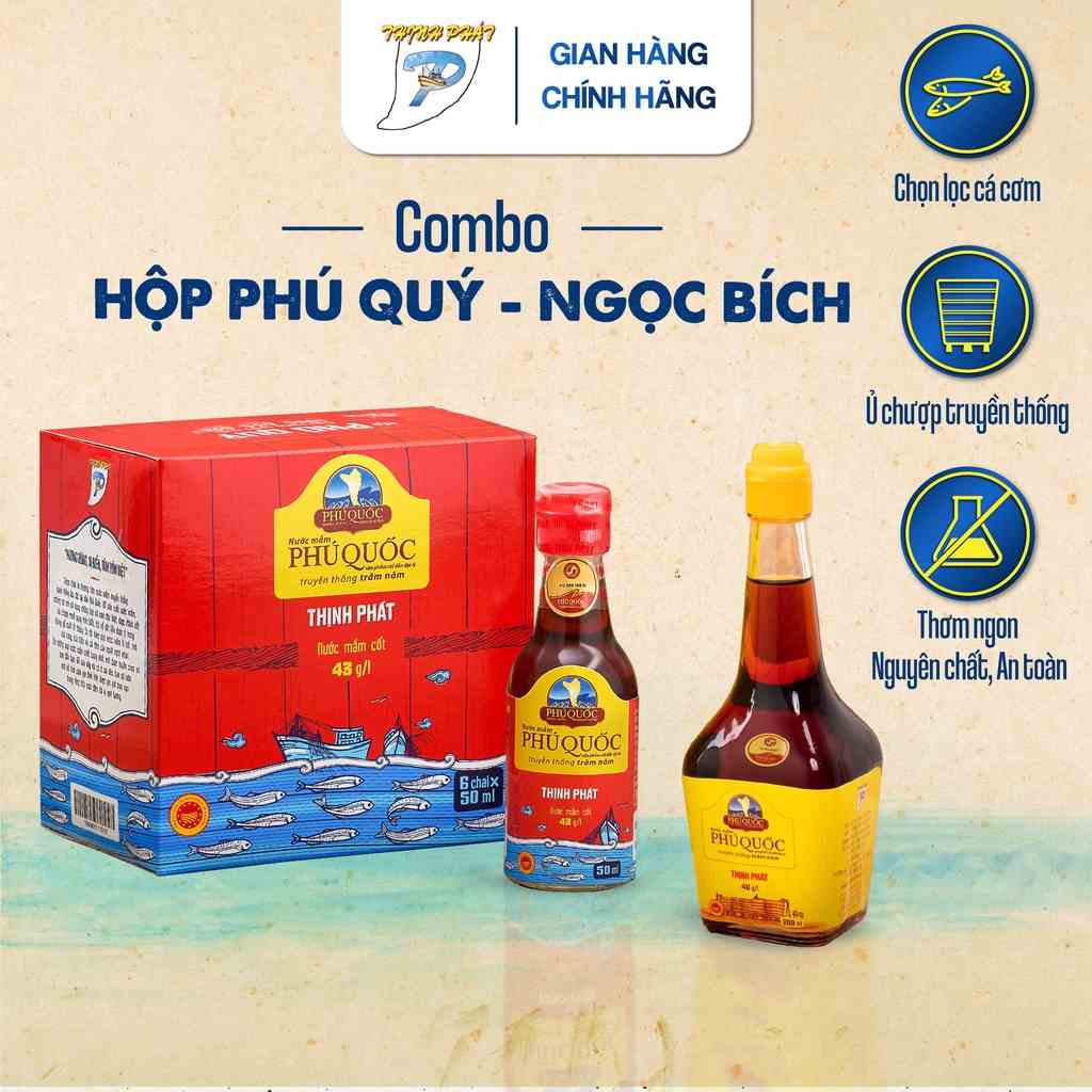 Combo 6 chai 50ml Phú Quý 43 độ và 1 chai 200ml Ngọc Bích 40 độ nước mắm Phú Quốc Thịnh Phát- chai thuỷ tinh