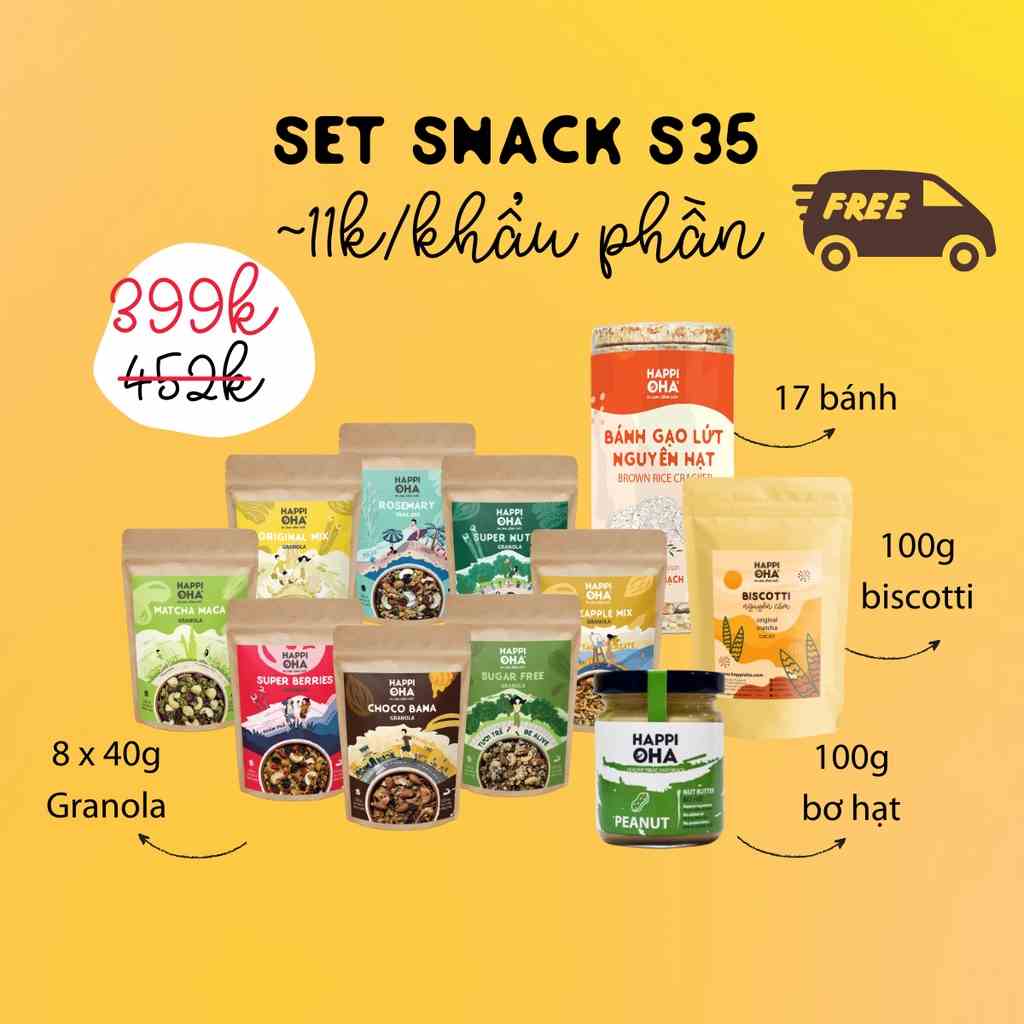 Bộ Snack S35 HAPPI OHA 35 khẩu phần ngũ cốc giảm cân granola, bánh gạo lứt nguyên hạt, bơ hạt và bánh biscotti